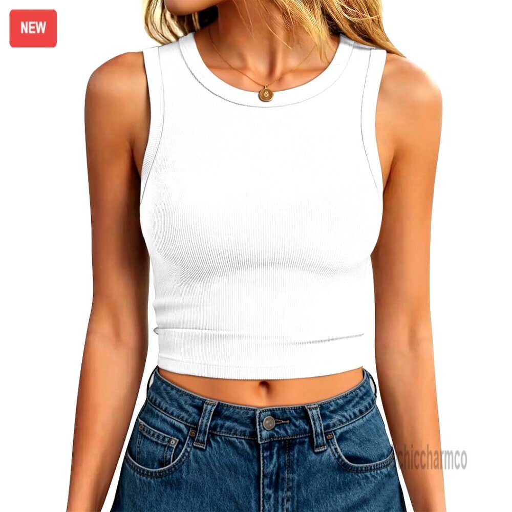 Slim Fit Ribbed Crop Tank Top, Sleeveless High Neck, Rayon Blend, Workout Casual